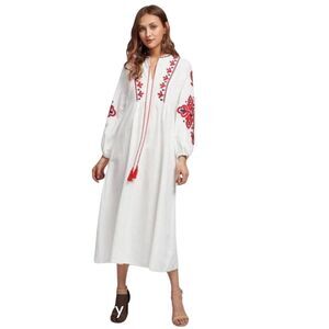 Velzera Ukrainian Vyshyvanka Style White Rayon & Red Embroidered Dress Bohemian